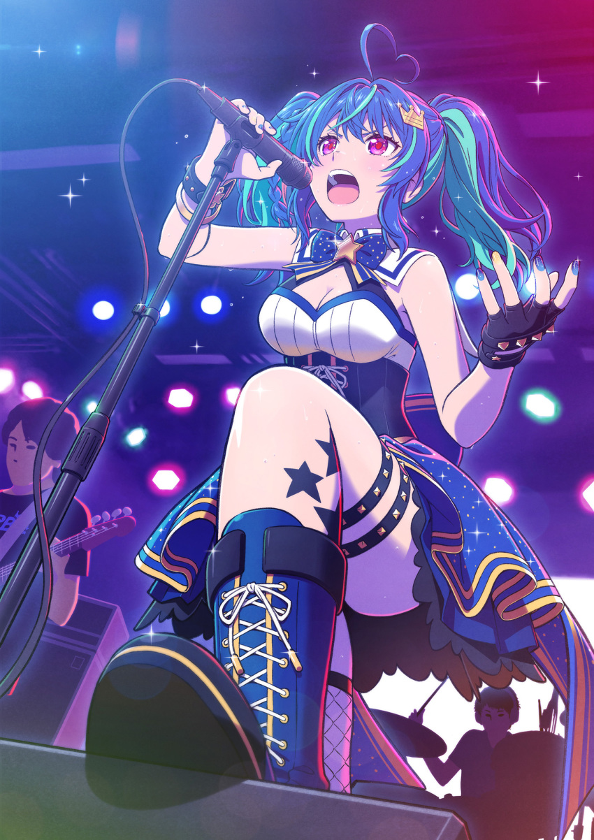 1girl, 2boys, ahoge, alive_musix, amplifier, blue_hair, blush, boots, bow, bracelet, breasts, brooch, cleavage, cleavage_cutout, clothing_cutout, concert, corset, crown_hair_ornament, dress, fingerless_gloves, fishnet_thighhighs, fishnets, from_below, gloves, green_hair, hair_intakes, heart, heart_ahoge, highres, jewelry, lace-up_boots, layered_dress, leg_tattoo, long_hair, mair_(alive_musix), medium_breasts, microphone, microphone_stand, multicolored_hair, multiple_boys, multiple_bracelets, music, nail_polish, open_mouth, pink_eyes, shiwasu_takashi, singing, single_fingerless_glove, single_fishnet_legwear, sleeveless, sleeveless_dress, solo_focus, sparkle, stage_lights, star_(symbol), star_ornament, star_tattoo, streaked_hair, studded_bracelet, studded_thigh_strap, tattoo, thigh_strap, thighhighs, twintails, virtual_youtuber