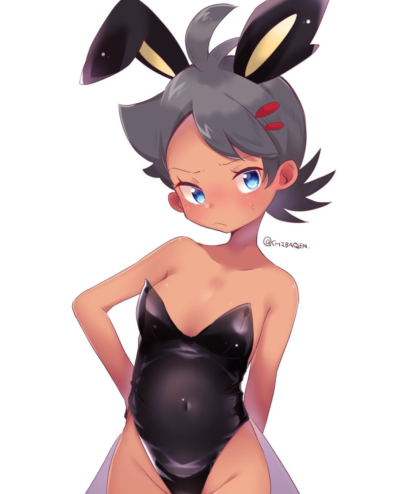 1boy, animal_ears, antenna_hair, bad_id, bad_twitter_id, black_hair, blue_eyes, blush, chibaqen, covered_navel, dark-skinned_male, dark_skin, fake_animal_ears, goh_(pokemon), highres, looking_at_viewer, male_focus, male_playboy_bunny, navel, nintendo, non-web_source, playboy_bunny, pokemon, pokemon_(anime), pokemon_journeys, rabbit_ears, short_hair, solo, source_request, trap