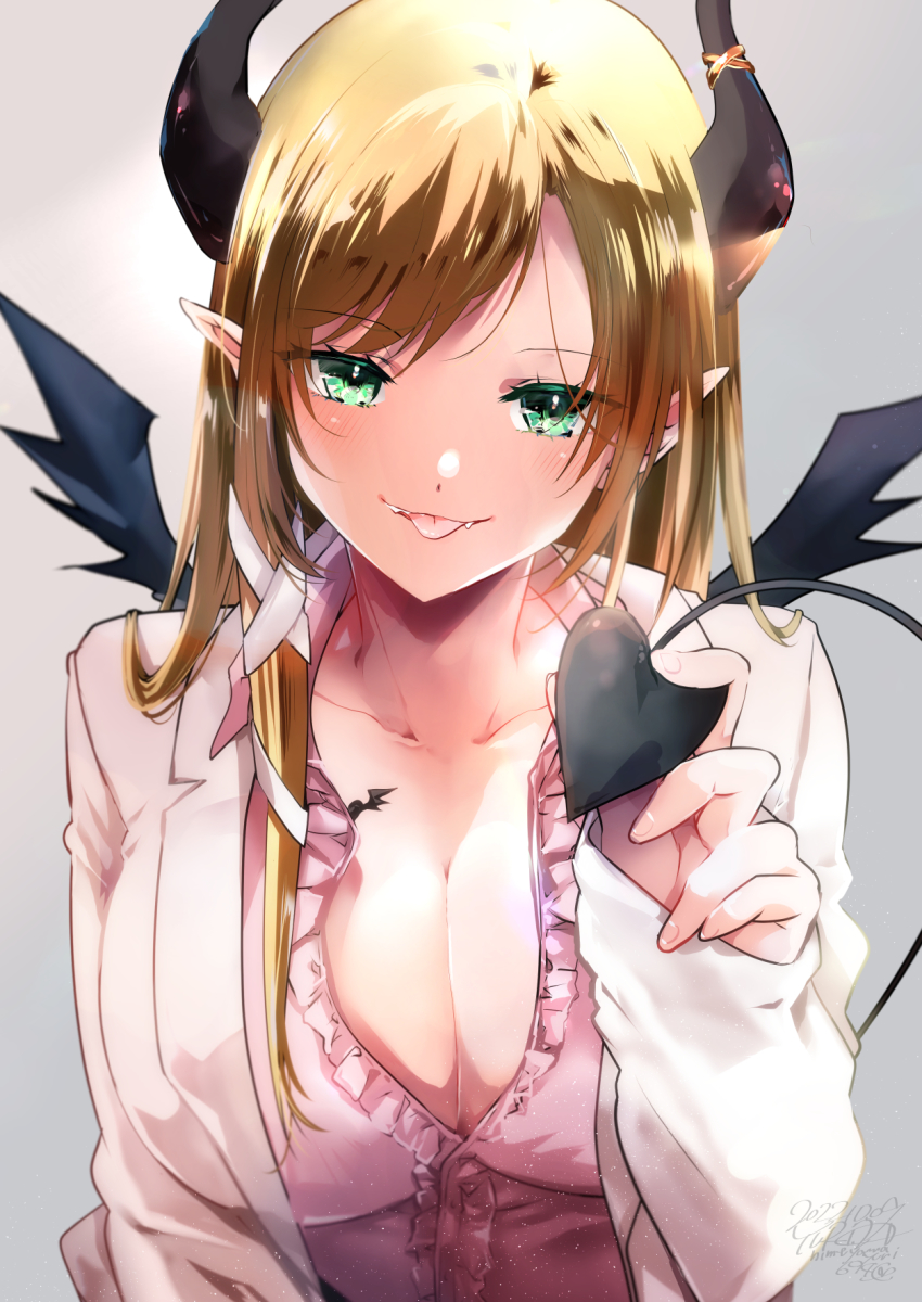 1girl, :p, bat_tattoo, blonde_hair, breast_tattoo, breasts, cleavage, demon_girl, demon_horns, demon_tail, demon_wings, fangs, frilled_shirt, frills, green_eyes, grey_background, highres, himeyamayuri, hololive, horns, lab_coat, large_breasts, long_hair, long_sleeves, looking_at_viewer, low-cut, pink_shirt, pointy_ears, shirt, simple_background, sleeves_past_wrists, solo, tail, tattoo, tongue, tongue_out, upper_body, virtual_youtuber, winged_heart, winged_heart_tattoo, wings, yuzuki_choco, yuzuki_choco_(1st_costume)