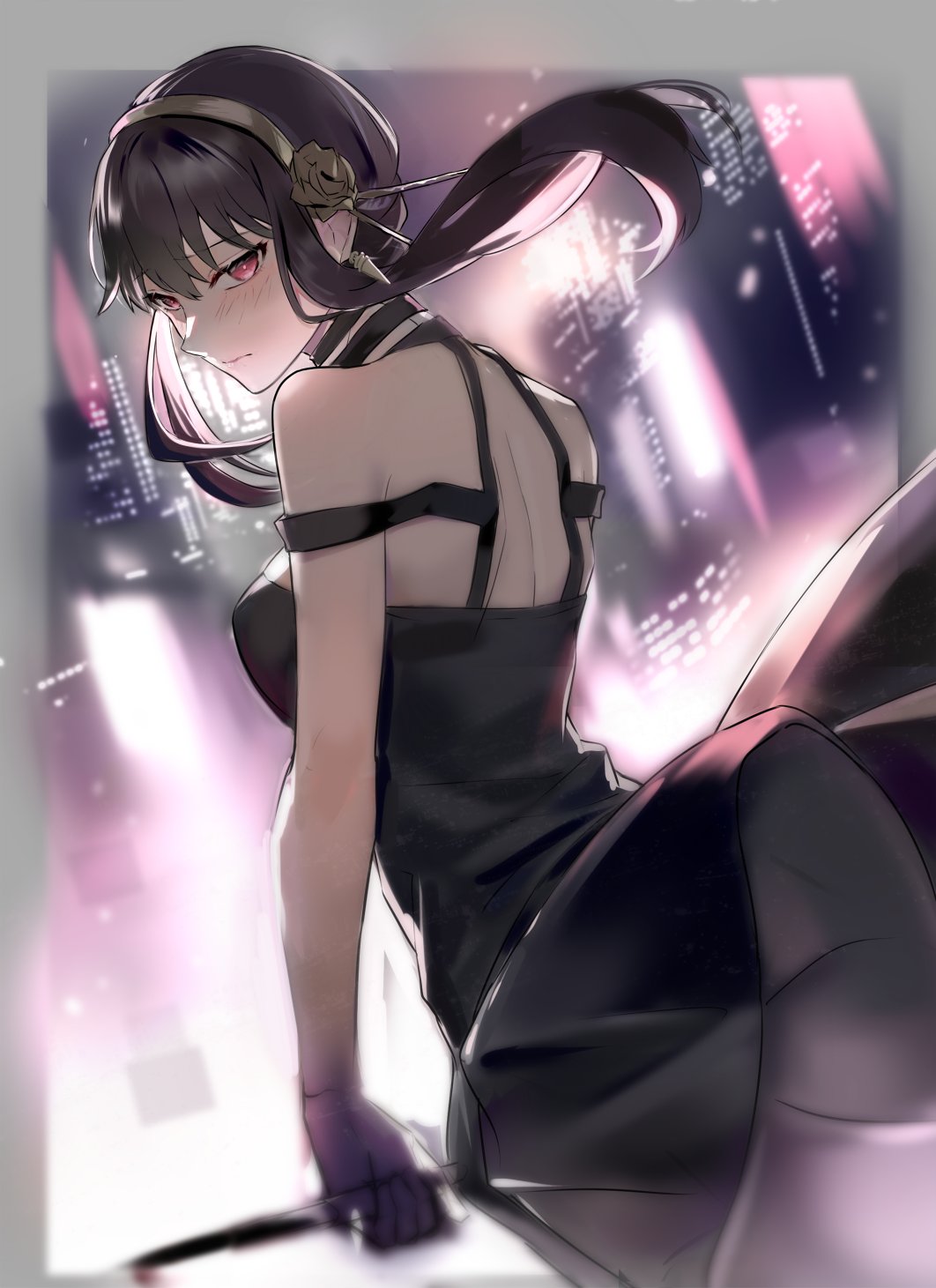 1girl, back, black_dress, black_hair, blush, city_lights, dress, hairband