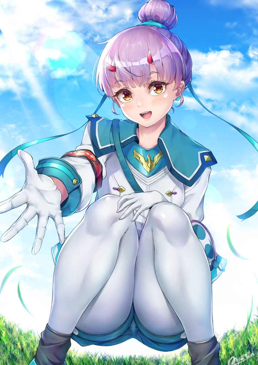 1girl, :d, aqua_shorts, brown_eyes, commentary_request, day, fiona_(xenoblade), gloves, grass, hair_bun, hair_ribbon, highres, light_rays, looking_at_viewer, novady, open_mouth, outdoors, outstretched_arm, pantyhose, purple_hair, ribbon, shirt, shorts, signature, sky, smile, solo, squatting, teeth, upper_teeth_only, white_gloves, white_pantyhose, white_shirt, xenoblade_chronicles_(series), xenoblade_chronicles_3