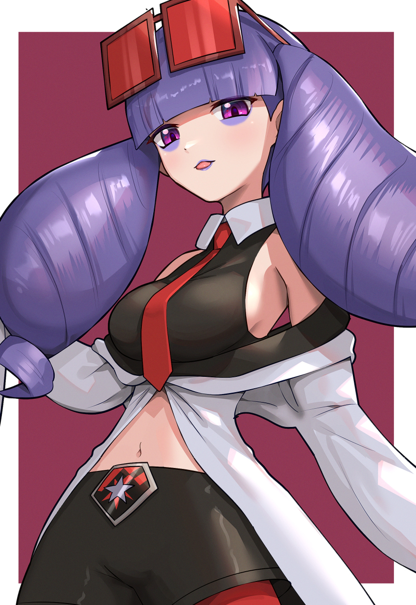 1girl, absurdres, black_shirt, black_shorts, blunt_bangs, border, breasts, coat