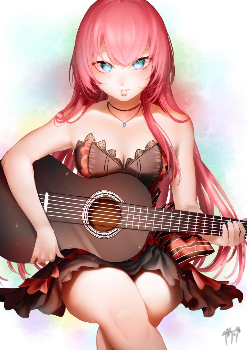 1girl, bare_arms, blue_eyes, blue_gem, breasts, brown_dress, cleavage, crossed_legs, dress, floating_hair, gem, hair_between_eyes, hair_over_shoulder, highres, holding, holding_instrument, instrument, invisible_chair, jewelry, long_hair, looking_at_viewer, medium_breasts, megurine_luka, megurine_luka_(amour), mouth_hold, pendant, pink_hair, plectrum, plectrum_in_mouth, project_diva_(series), short_dress, sitting, solo, straight_hair, strapless, strapless_dress, very_long_hair, vocaloid, zasshu