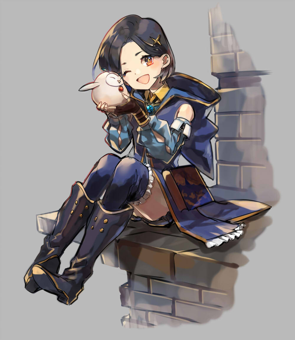 1girl, ;d, black_boots, black_gloves, black_hair, blue_sleeves, blue_thighhighs, boots, butterfly_hair_ornament, coat, collared_shirt, detached_sleeves, fingerless_gloves, frilled_thighhighs, frills, full_body, hootle_(tales), gloves, grey_background, hair_ornament, hood, hood_down, hooded_coat, jodesu, long_sleeves, one_eye_closed, open_mouth, orange_eyes, rinwell_(tales), shirt, short_hair, sitting, sleeveless, sleeveless_coat, smile, solo, tales_of_(series), tales_of_arise, thighhighs, wing_collar, yellow_shirt, zettai_ryouiki