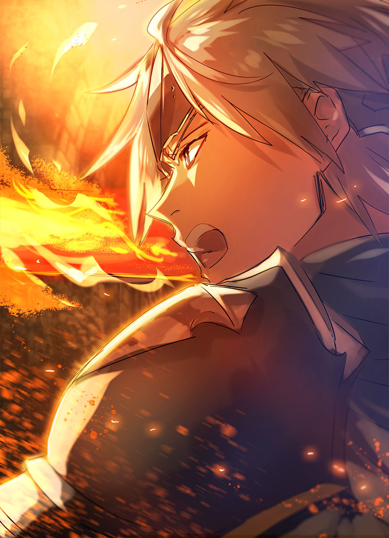 1boy, alphen_(tales), armor, fire, flaming_sword, flaming_weapon, from_side, grey_hair