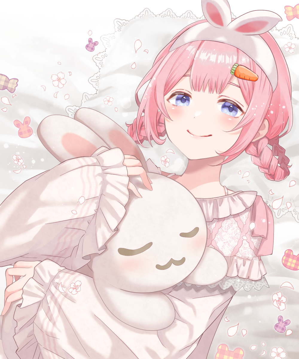 1girl, animal_ears, arime_hotaru, blue_eyes, blush, braid, braided_hair_rings, carrot_hair_ornament