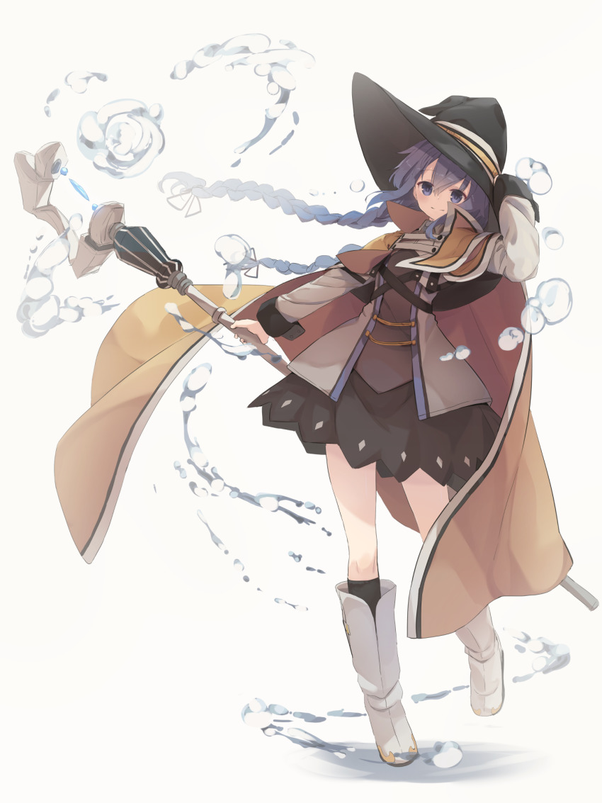 1girl, blue_eyes, blue_hair, blush, boots, braid, bubble, cloak