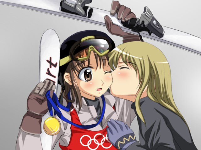 2girls, blonde_hair, blush, brown_eyes, brown_hair, closed_eyes, gloves, goggles, goggles_on_forehead, goggles_on_head, gold_medal, helmet, kiss, kissing_cheek, medal, multiple_girls, olympic_rings, olympics, one_eye_closed, sanshita, ski_goggles, skier, skis, yuri