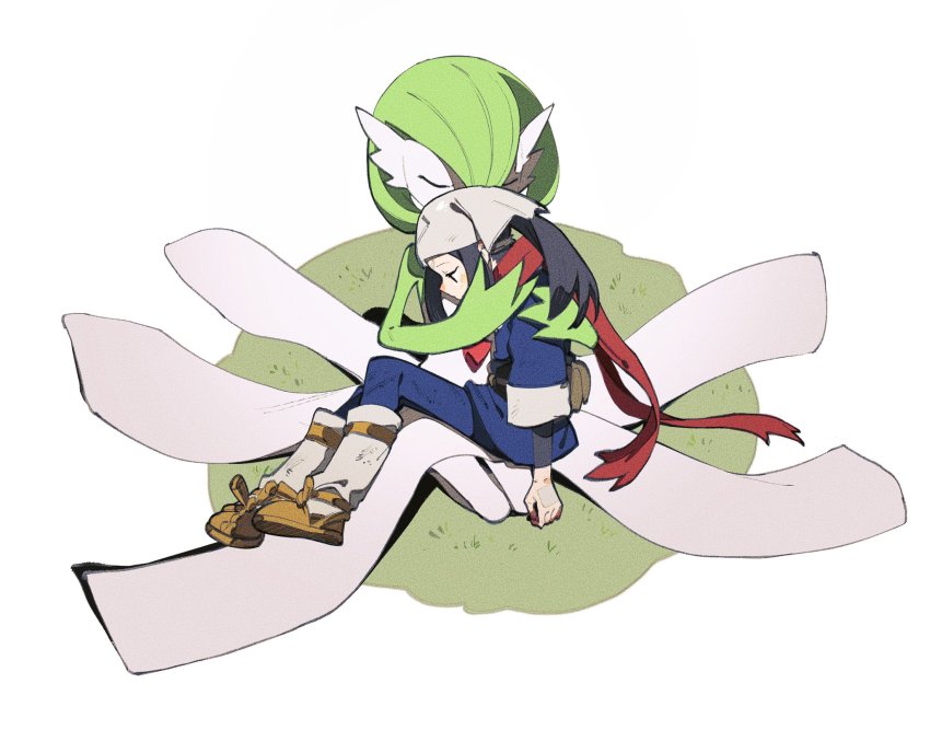 1girl, akari_(pokemon), black_eyes, black_hair, blue_pantyhose, full_body, gardevoir, gen_3_pokemon