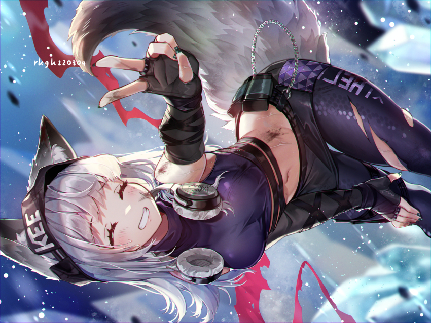 1girl, animal_ears, arknights, beanie, black_gloves, breasts, chain, closed_eyes