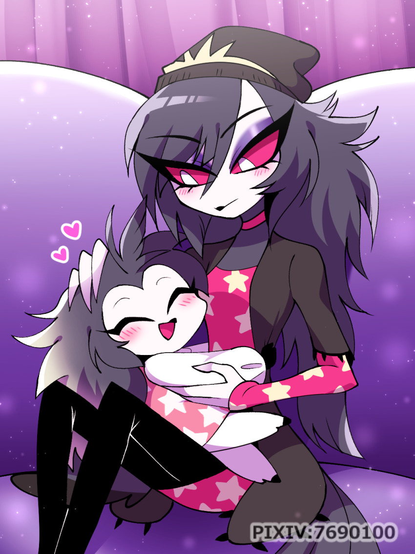 1girl, aged_down, bird_girl, choker, demon_girl, dual_persona, hat, hellaverse, helluva_boss, highres, jacket, no_humans, octavia_(helluva_boss), pink_eyes, purple_hair