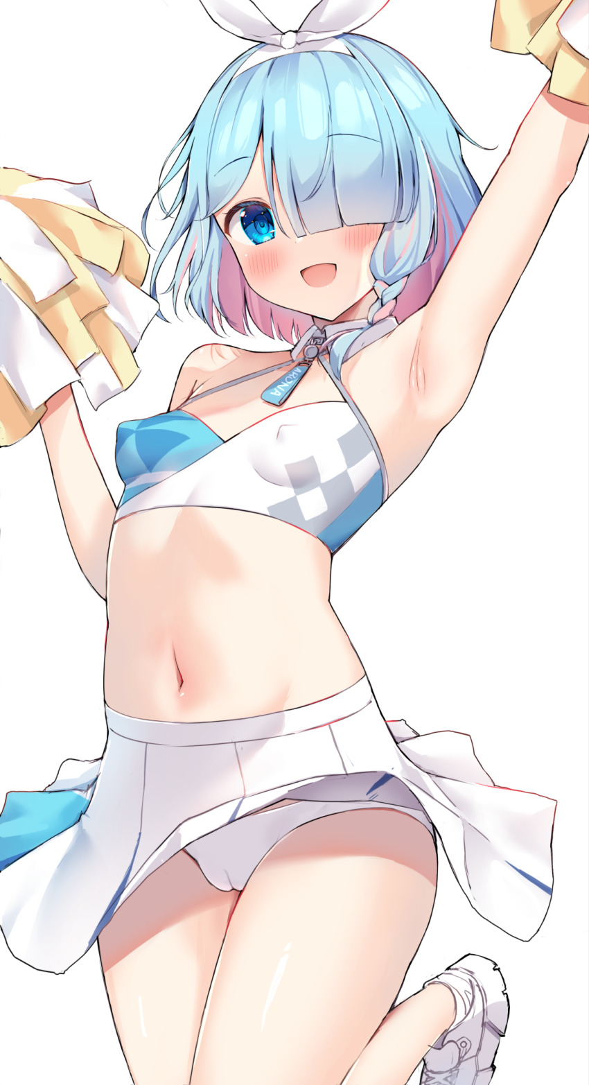 1girl, :d, alternate_costume, arm_up, armpits, arona_(blue_archive), bare_legs, bare_shoulders, blue_archive, blue_eyes, blue_hair, braid, breasts, cheering, cheerleader, cosplay, covered_erect_nipples, cowboy_shot, crop_top, detached_collar, hair_over_one_eye, hairband, hands_up, hannari369, happy, hibiki_(blue_archive), highres, hip_focus, holding, holding_pom_poms, jumping, knees_together_feet_apart, legs_folded, looking_at_viewer, medium_hair, midriff, miniskirt, multicolored_hair, navel, no_bra, open_mouth, panties, pantyshot, pink_hair, pleated_skirt, pom_pom_(cheerleading), pom_poms, shirt, shoes, single_braid, skin_tight, skirt, sleeveless, sleeveless_shirt, small_breasts, smile, sneakers, solo, thighs, two-tone_hair, underwear, upskirt, white_hairband, white_panties, white_skirt, wind, wind_lift