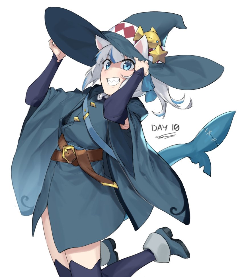 1girl, animal_ears, belt, blue_dress, blue_eyes, blue_footwear, blue_hair, blue_headwear, blue_thighhighs, blush, brown_belt, cat_ears, commentary, dasdokter, dress, english_commentary, fins, fish_tail, gawr_gura, grin, hat, highres, holding, holding_unworn_clothes, holding_unworn_hat, hololive, hololive_english, looking_at_viewer, medium_hair, multicolored_hair, shark_hat, shark_tail, sharp_teeth, shoes, smile, streaked_hair, tail, teeth, thighhighs, unworn_hat, unworn_headwear, virtual_youtuber, white_hair, witch, witch_hat