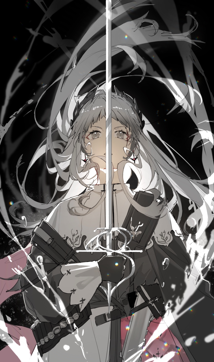 1girl, absurdres, ammunition_belt, arknights, black_dress, black_gloves, butterfly768, dress, earrings, floating_hair, gloves, grey_eyes, grey_hair, gun, handgun, head_wings, highres, holding, holding_sword, holding_weapon, holstered, irene_(arknights), jewelry, long_hair, long_sleeves, multicolored_dress, pink_dress, rapier, scar, scar_across_eye, scar_on_face, solo, sword, upper_body, very_long_hair, weapon, white_dress, wings