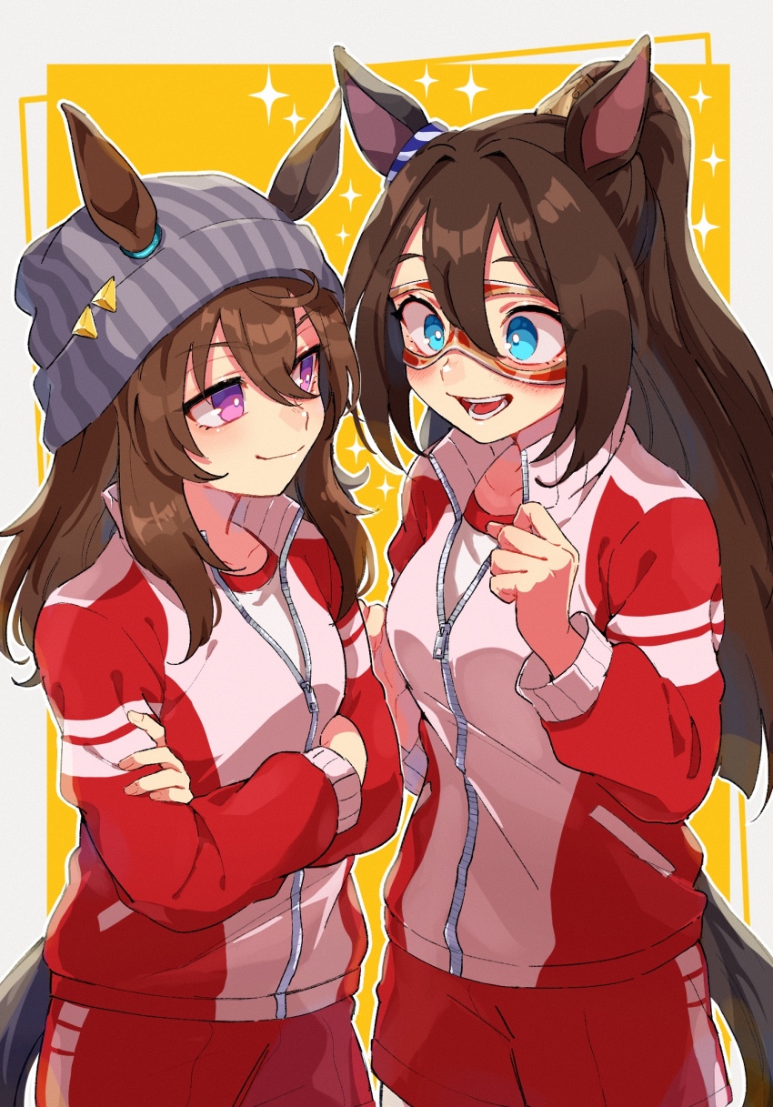 2girls, animal_ears, aqua_eyes, beanie, blush, breasts, brown_hair, clenched_hand, cowboy_shot, crossed_arms, domino_mask, el_condor_pasa_(umamusume), eye_mask, gym_uniform, hat, highres, horse_ears, horse_girl, horse_tail, jacket, long_hair, long_sleeves, mask, multiple_girls, nakayama_festa_(umamusume), oage_(su4i7ri_u), open_clothes, open_jacket, open_mouth, pony_(animal), ponytail, purple_eyes, red_jacket, red_shorts, shirt, shorts, small_breasts, smile, sparkle, tail, umamusume, white_shirt