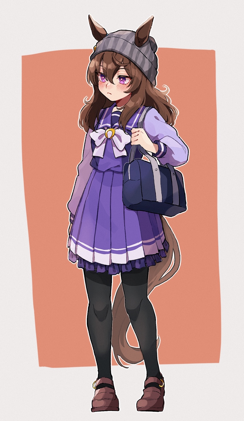 1girl, animal_ears, bag, beanie, black_pantyhose, blush, bow, bowtie