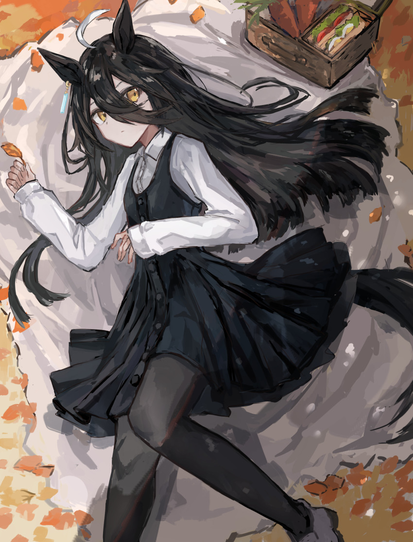 1girl, ahoge, animal_ears, black_dress, black_hair, black_pantyhose, blanket, carrot, collared_shirt, dress, feet_out_of_frame, food, hair_between_eyes, highres, horse_ears, horse_girl, horse_tail, leaf, long_hair, long_sleeves, looking_at_viewer, lying, manhattan_cafe_(umamusume), multicolored_hair, on_back, pantyhose, picnic_basket, rokojii, sandwich, shirt, shoes, solo, streaked_hair, tail, umamusume, white_shirt, yellow_eyes