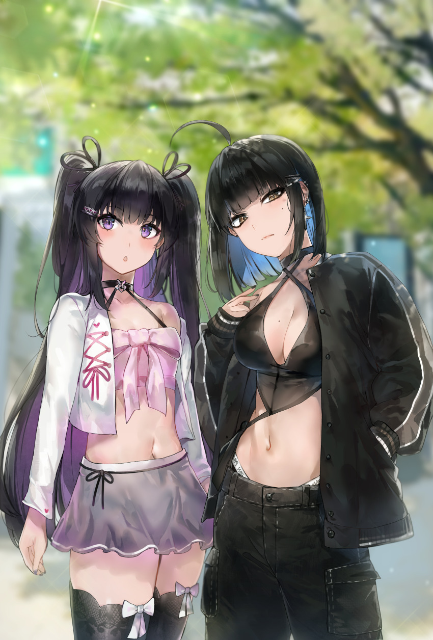 2girls, absurdres, ahoge, black_nails, black_thighhighs, blurry, blurry_background, borrowed_character, breasts, brown_eyes, chestnut_mouth, colored_inner_hair, commentary, criss-cross_halter, cropped_jacket, cross, cross_earrings, earrings, english_commentary, halterneck, highres, irene_(kanniiepan), jacket, jewelry, kanniiepan, long_hair, looking_at_viewer, medium_breasts, medium_hair, mio_(rosumini), mole, mole_on_breast, mole_under_eye, multicolored_hair, multiple_girls, navel, open_clothes, open_jacket, original, skirt, stomach, thighhighs, twintails, two-tone_hair