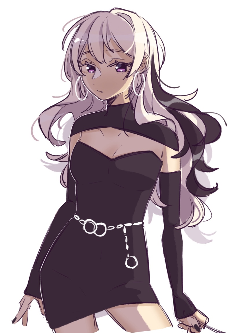 1girl, belly_chain, black_dress, black_hair, black_nails, black_sleeves, black_theme, borrowed_design, closed_mouth, contrapposto, cowboy_shot, cropped_legs, detached_sleeves, dress, expressionless, flower_(vocaloid), flower_(vocaloid3), hair_down, highres, jewelry, looking_at_viewer, multicolored_hair, nail_polish, peedee_(pidi), purple_eyes, simple_background, solo, streaked_hair, vocaloid, white_background, white_hair