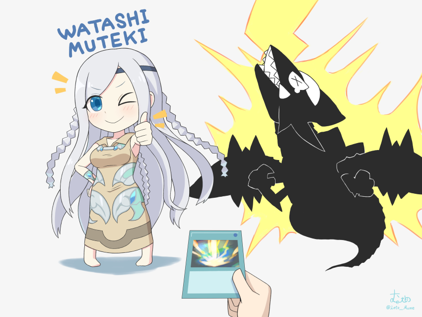 1girl, 1other, absurdres, barefoot, blue-eyes_jet_dragon, blue_eyes, braid, chibi, commentary, dragon, dress, duel_monster, english_text, french_braid, gameplay_mechanics, highres, leto_mume, long_hair, looking_at_viewer, maiden_with_eyes_of_blue, one_eye_closed, raigeki, romaji_text, signature, smile, thumbs_up, thunder, translated, very_long_hair, white_background, white_hair, x_x, yu-gi-oh!