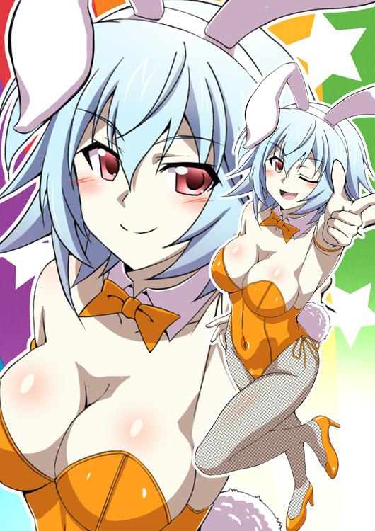 1girl, animal_ears, blue_hair, bow, bowtie, breasts, cleavage, commentary_request