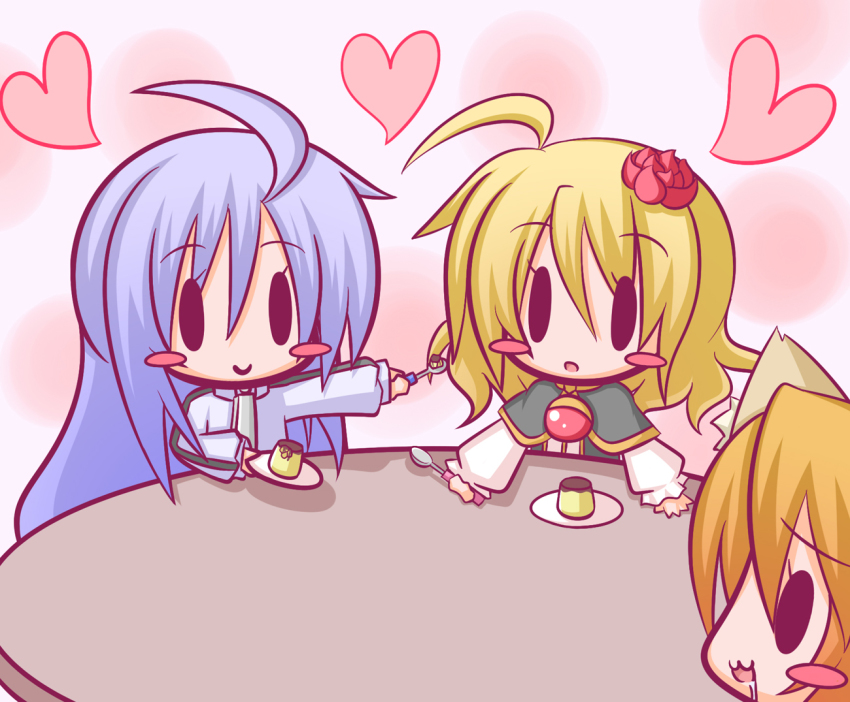 100%_orange_juice, 3girls, :3, ahoge, animal_ears, blonde_hair, blush, blush_stickers, brown_hair, chibi, drooling, flower, food, hair_flower, hair_ornament, heart, hime_(orange_juice), holding, komakoma_(magicaltale), long_hair, long_sleeves, multiple_girls, open_mouth, outstretched_arm, plate, profile, pudding, qp_(orange_juice), red_flower, red_rose, rose, saliva, silhouette, silver_hair, sleeves_past_wrists, smile, solid_oval_eyes, spoon, suguri, suguri_(orange_juice), table