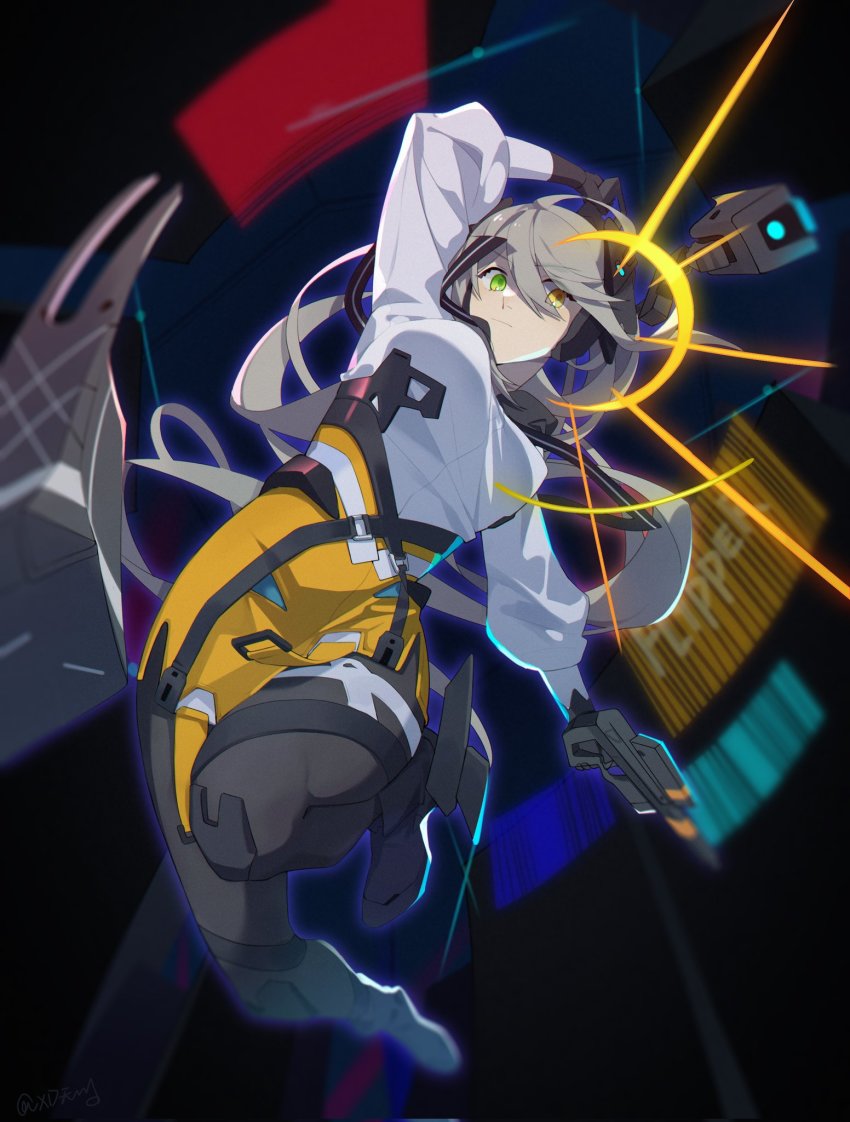 1girl, arm_up, baretta_(world_flipper), black_boots, black_pantyhose, blurry, boots, breasts