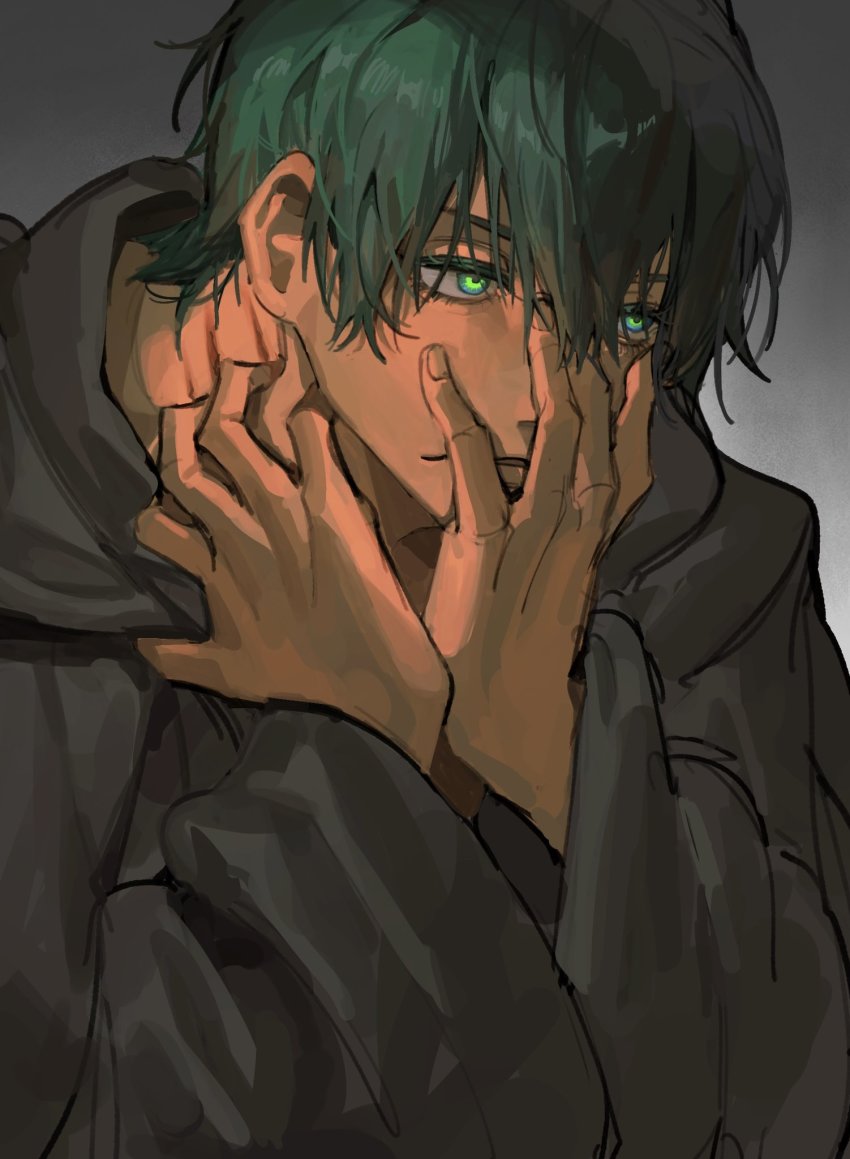 1boy, black_robe, expressionless, final_fantasy, final_fantasy_xiv, from_side, glowing, glowing_eyes, gradient_background, green_eyes, green_hair, grey_background, gslkey, hair_between_eyes, hand_on_own_face, hand_on_own_neck, hands_up, hermes_(ff14), highres, hood, hood_down, hooded_robe, long_sleeves, looking_ahead, male_focus, portrait, robe, scratches, scratching, scratching_neck, short_hair, simple_background, solo, wide_sleeves