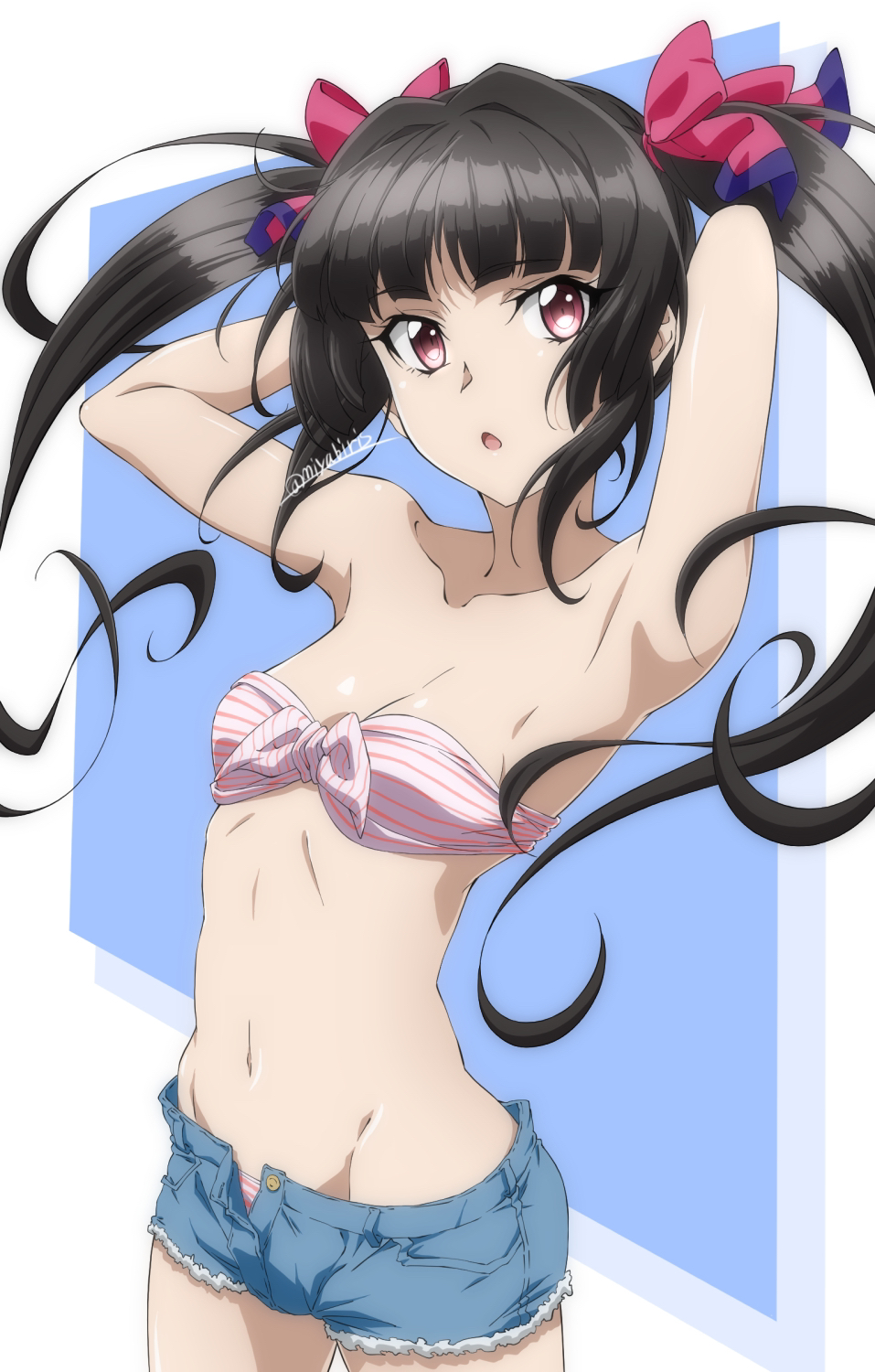 1girl, armpits, arms_up, artist_name, black_hair, blue_background, breasts, collarbone, cowboy_shot, hair_ribbon, highres, long_hair, miyabi_mt-b, navel, open_mouth, panties, red_eyes, ribbon, senki_zesshou_symphogear, short_shorts, shorts, simple_background, small_breasts, solo, striped_clothes, striped_panties, tsukuyomi_shirabe, twintails, underwear, very_long_hair