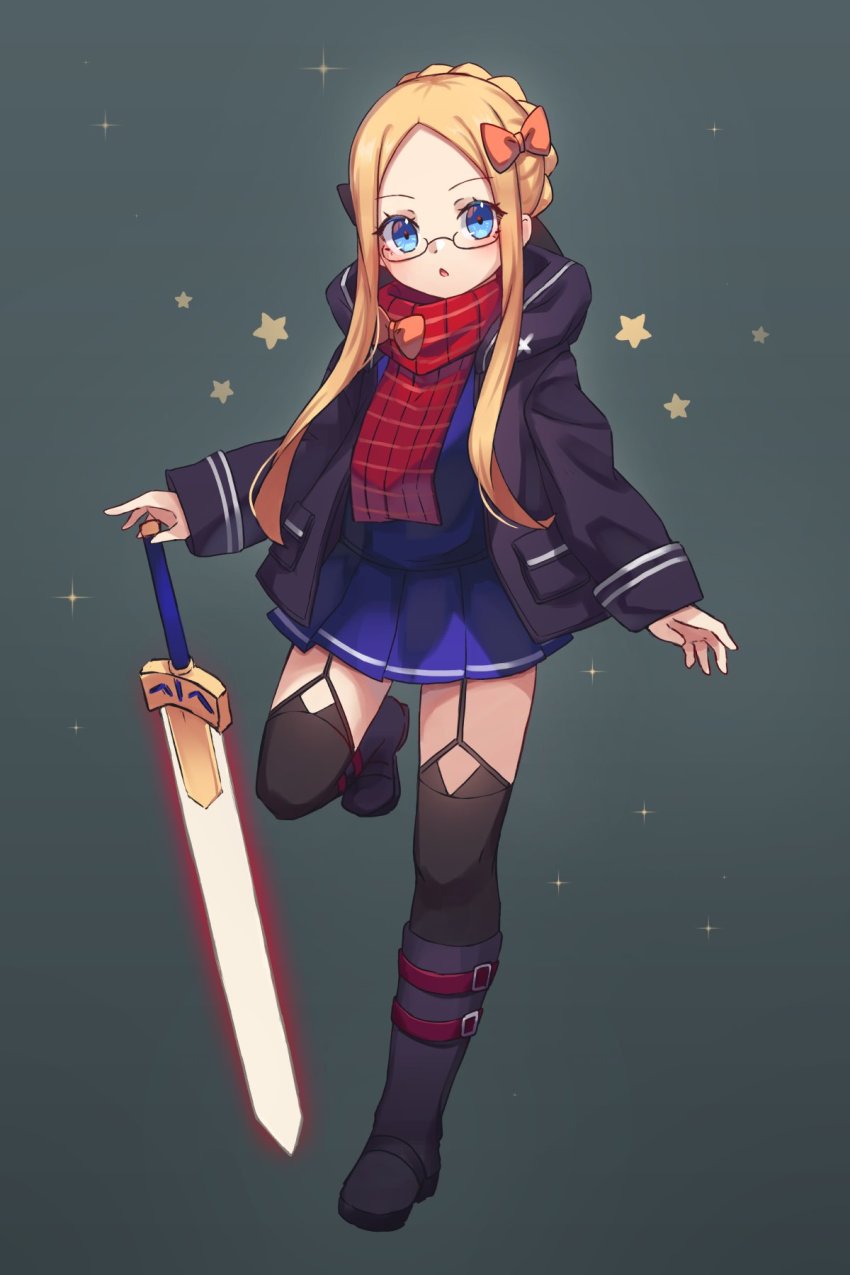 1girl, abigail_williams_(fate), artoria_pendragon_(fate), black_boots, black_bow, black_thighhighs, blonde_hair, blue_eyes, blue_shirt, blue_skirt, blush, boots, bow, braid, breasts, cosplay, fate/grand_order, fate_(series), forehead, french_braid, full_body, glasses, hair_bow, highres, hood, hooded_jacket, jacket, knee_boots, long_hair, long_sleeves, looking_at_viewer, miya_(miyaruta), multiple_bows, mysterious_heroine_x_alter_(fate), mysterious_heroine_x_alter_(fate)_(cosplay), orange_bow, parted_bangs, plaid_clothes, plaid_scarf, pleated_skirt, purple_jacket, red_scarf, scarf, shirt, skirt, small_breasts, solo, sword, thighhighs, weapon