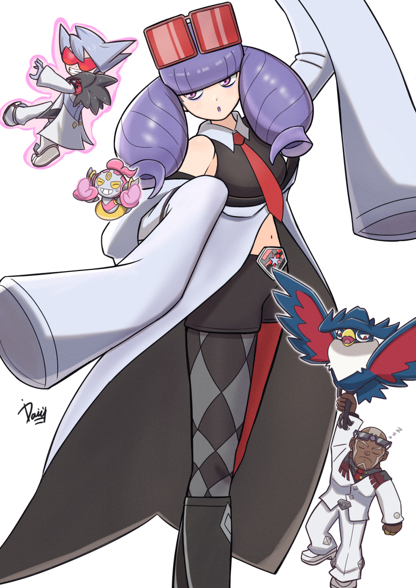 1girl, 2boys, absurdres, argyle_clothes, argyle_legwear, artist_name, asymmetrical_legwear, belt_buckle