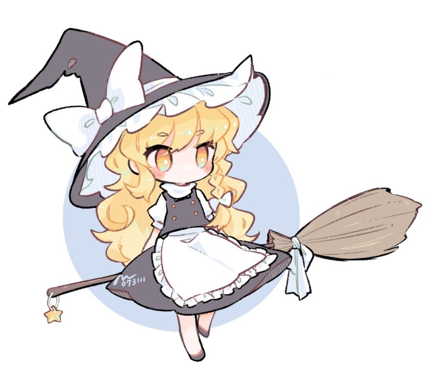 1girl, apron, black_footwear, black_hat, black_skirt, blonde_hair, blush, bow, braid, broom, chibi, commentary_request, full_body, hair_bow, hat, hat_bow, holding, holding_broom, kirisame_marisa, long_hair, m_(m073111), no_mouth, puffy_short_sleeves, puffy_sleeves, shirt, short_sleeves, single_braid, skirt, solo, star_(symbol), touhou, turtleneck, waist_apron, white_apron, white_bow, white_shirt, witch_hat, yellow_eyes