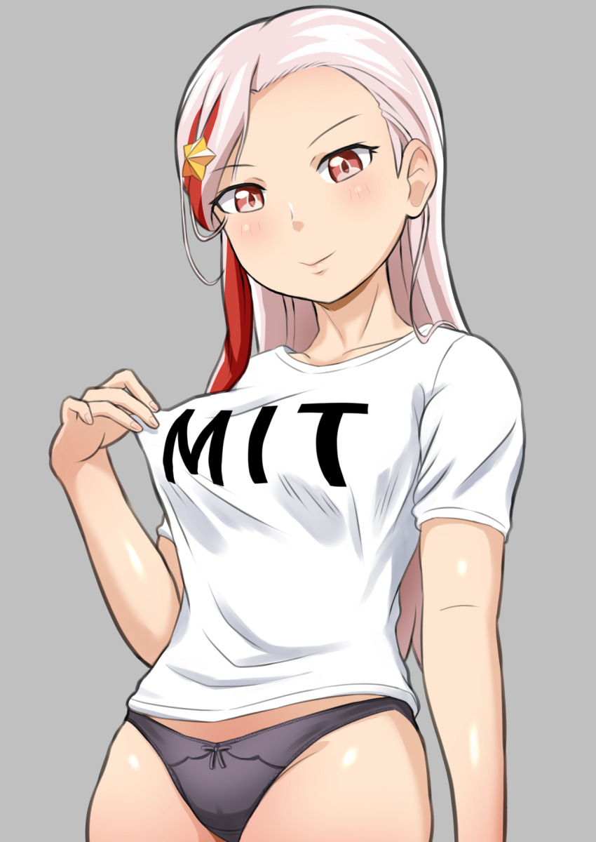 1girl, alternate_costume, black_panties, blonde_hair, bow, bow_panties, breasts, cameltoe, clothes_writing, cowboy_shot, crotch_seam, hair_ornament, highres, kantai_collection, large_breasts, long_hair, massachusetts_(kancolle), multicolored_hair, panties, red_eyes, red_hair, shirt, shitty_t-shirt_naval_base, short_sleeves, solo, standing, star_(symbol), star_hair_ornament, streaked_hair, t-shirt, tsukemon, underwear, white_shirt