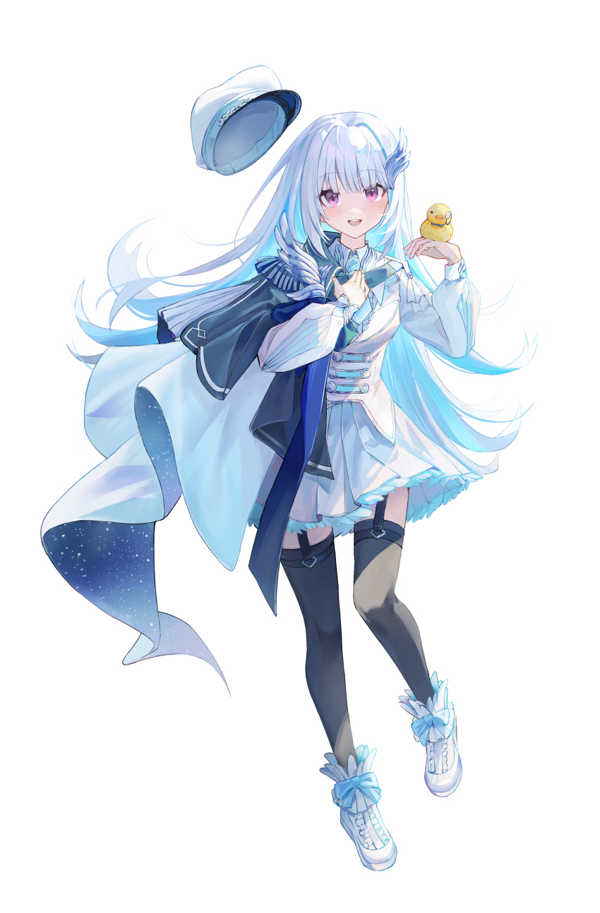 1girl, :d, absurdres, bird, bird_on_hand, black_thighhighs, blue_hair, blush