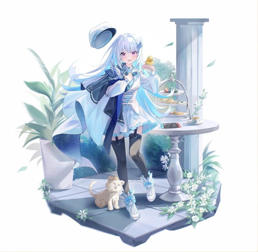 1girl, :d, absurdres, bird, bird_on_hand, black_thighhighs, blue_hair, blush