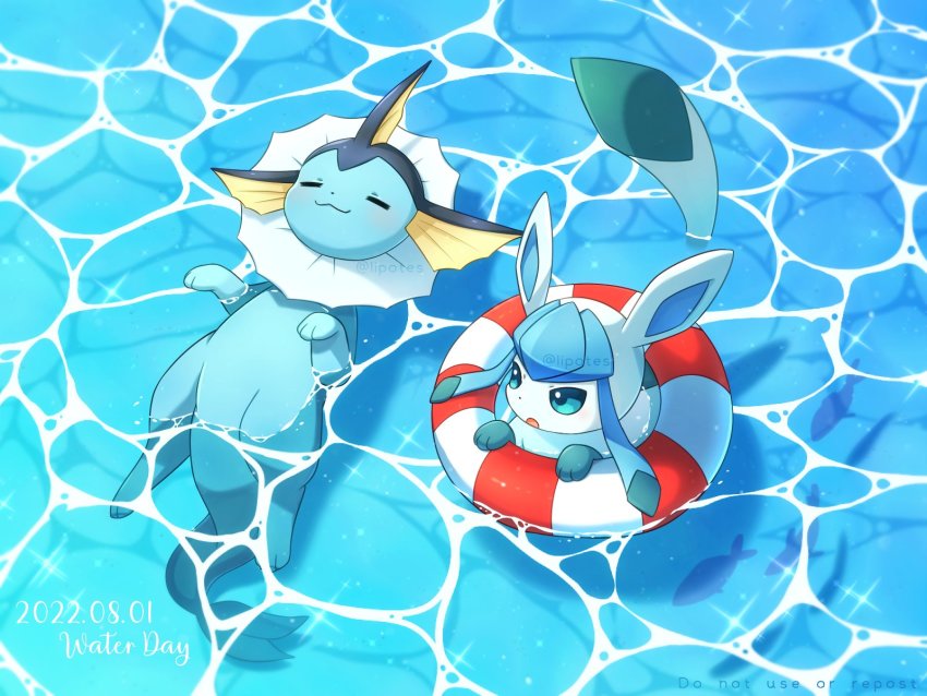 alopias, animal_ears, blue_fur, closed_eyes, closed_mouth, fox, fox_ears, fox_tail, gen_1_pokemon, gen_4_pokemon, glaceon, highres, innertube, nintendo, open_mouth, pokemon, pokemon_(creature), pool, swim_ring, swimmer, swing, tail, uwu, vaporeon