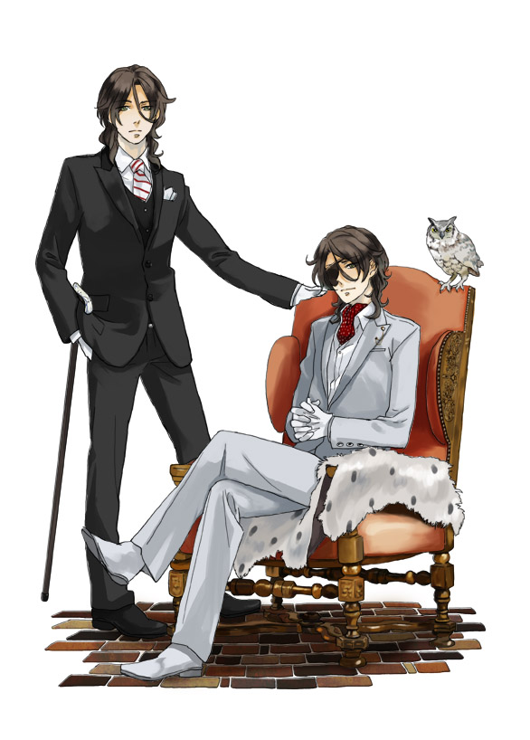 00s, 2boys, armchair, bad_id, bad_pixiv_id, bird, black_suit, brothers, brown_hair, cane, chair, eyepatch, formal_clothes, gloves, gundam, gundam_00, hand_in_pocket, ikasumi, jacket, crossed_legs, lockon_stratos, long_hair, lyle_dylandy, male_focus, multiple_boys, necktie, neil_dylandy, owl, red_upholstery, siblings, sitting, smile, standing, suit, twins, white_suit