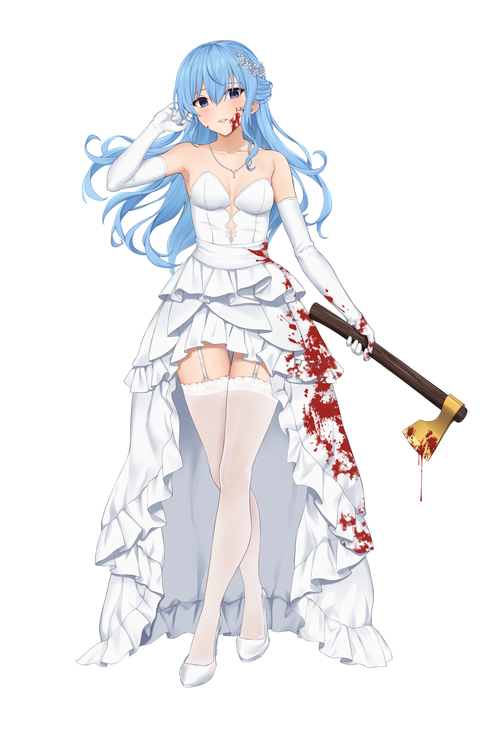 1girl, axe, bad_id, bad_plurk_id, blood, blood_on_axe, blood_on_clothes, blood_on_face