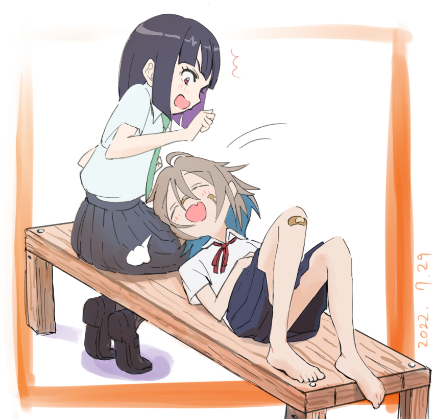 2girls, :d, bandaid, bandaid_on_cheek, bandaid_on_face, bandaid_on_knee, bandaid_on_leg, bandaid_on_nose, barefoot, bench, black_hair, blue_hair, bob_cut, brown_hair, closed_eyes, colored_inner_hair, do_it_yourself!!, fang, head_on_knees, highres, imocool, lap_pillow, lying, multicolored_hair, multiple_girls, on_back, open_mouth, purple_hair, red_eyes, school_uniform, short_hair, simple_background, sitting, sitting_on_lap, sitting_on_person, skin_fang, smile, suride_miku, two-tone_hair, yua_serufu