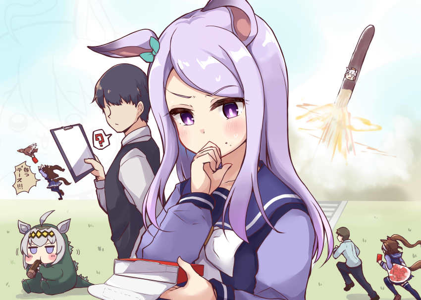 2boys, 5girls, absurdres, animal_ears, binder, bird, black_hair, black_vest