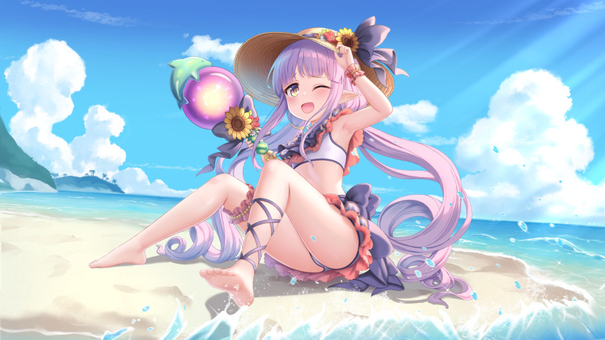1girl, ;d, armpits, barefoot, beach, bikini, blush, bow