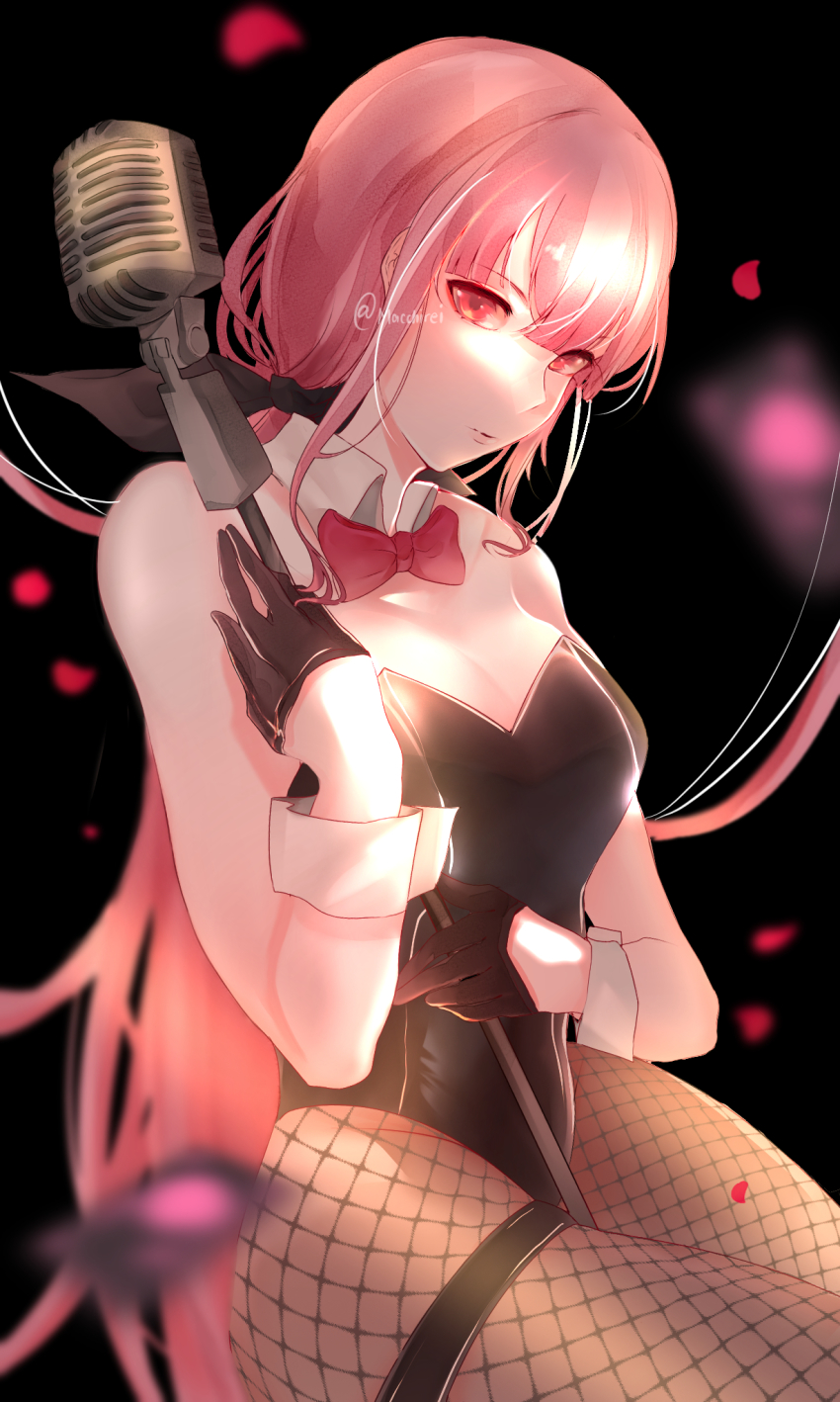 1girl, bare_shoulders, bow, bowtie, breasts, eyebrows_hidden_by_hair, falling_petals, fishnet_pantyhose