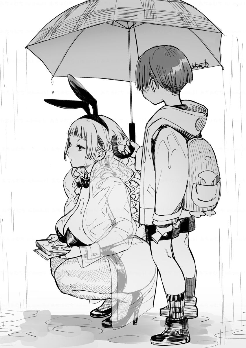 1boy, 1girl, age_difference, animal_ears, ass, backpack, bag, blush, bow, bowtie, breasts, cleavage, fake_animal_ears, greyscale, high_heels, highres, hood, hooded_jacket, inui_achu, jacket, large_breasts, long_hair, monochrome, onee-shota, original, playboy_bunny, rabbit_ears, rain, raincoat, see-through_clothes, shota, squatting, thighhighs, umbrella, wrist_cuffs