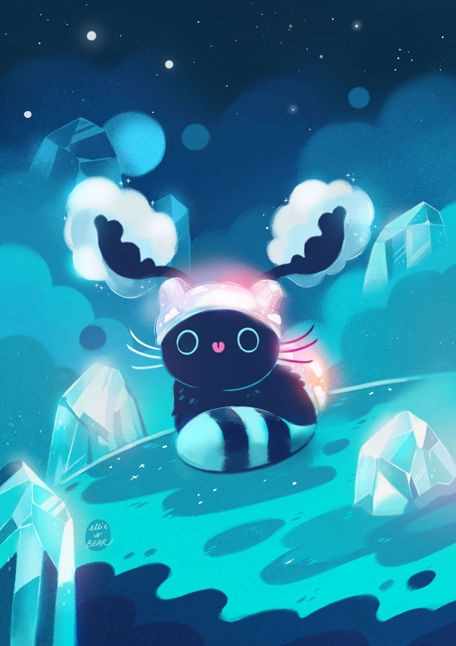 animal_ears, black_cat, black_fur, black_horns, cat, cat_ears, chimera, crystal, ellie_(twitter), highres, horns, original, raccoon_tail, slit_pupils, smoke, space, striped_tail, tail, whiskers, white_headwear