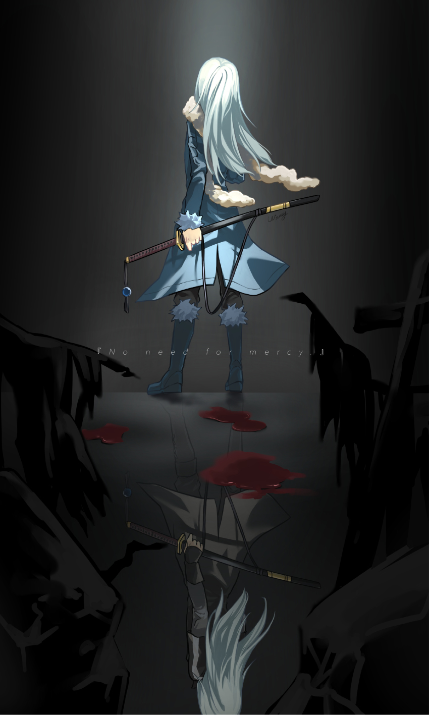 1other, absurdres, black_coat, black_pants, blood, blood_on_ground, blue_coat, blue_footwear