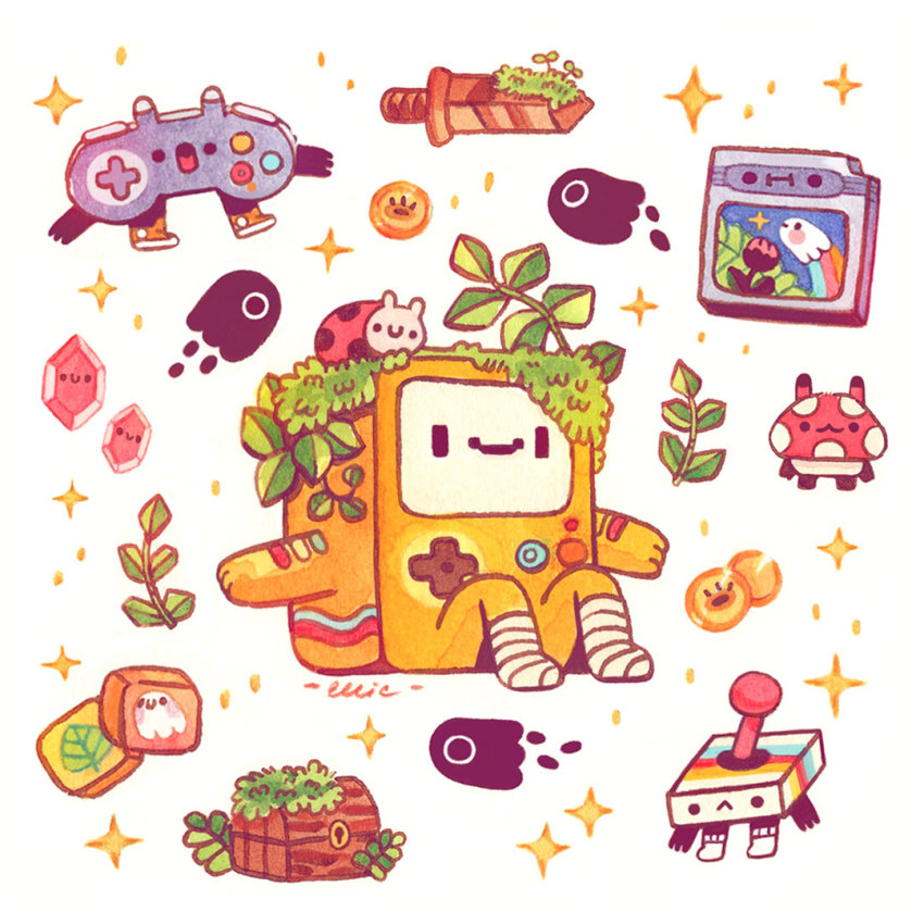 adventure_time, animate_object, bmo, bug, buttons, cartridge, coffered_ceiling, coin, controller, crystal, ellie_(twitter), flower, ghost, golden_sword, grass, insect, ladybug, mushroom, on_ground, rainbow, remote_control, smile, star_(symbol), sword, weapon