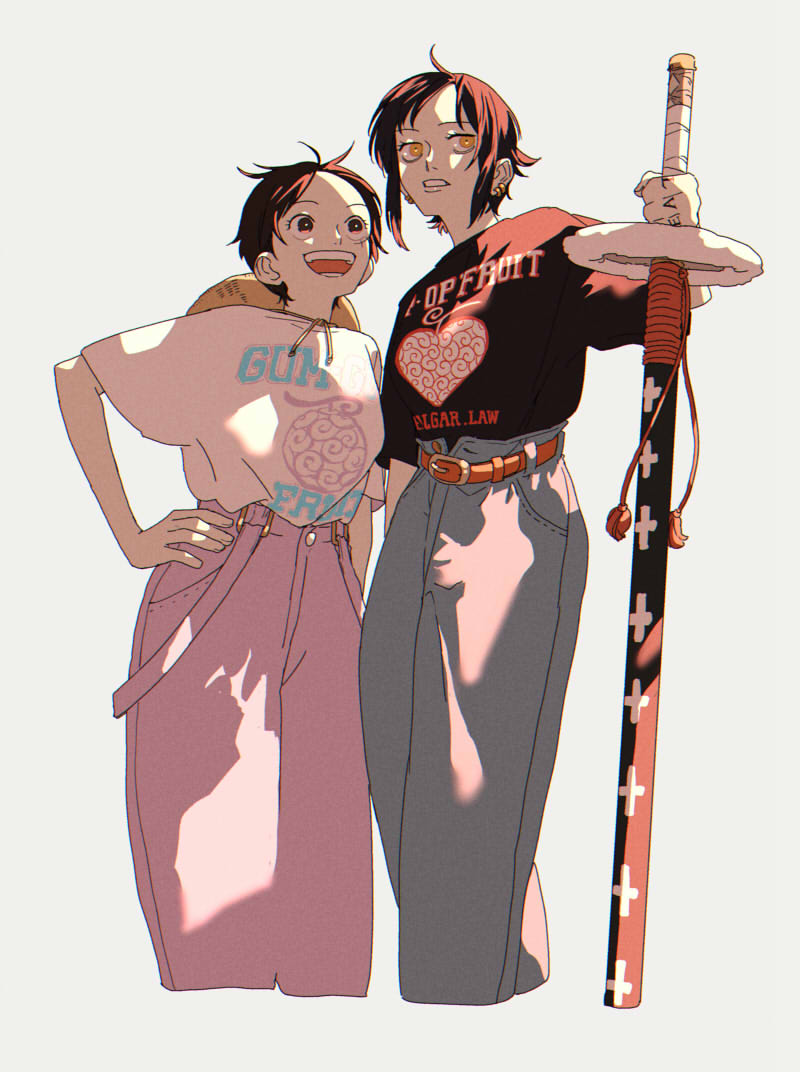 2girls, :d, black_eyes, black_hair, black_shirt, chizuko_(chiduk0), denim, devil_fruit, genderswap, genderswap_(mtf), hand_on_own_hip, hat, holding, holding_sheath, holding_sword, holding_weapon, jeans, law-chan, monkey_d._luffy, multiple_girls, one_piece, open_mouth, pants, parted_lips, sheath, sheathed, shirt, short_hair, short_sleeves, simple_background, smile, spoilers, straw_hat, sword, trafalgar_law, unworn_hat, unworn_headwear, weapon, white_shirt, yellow_eyes