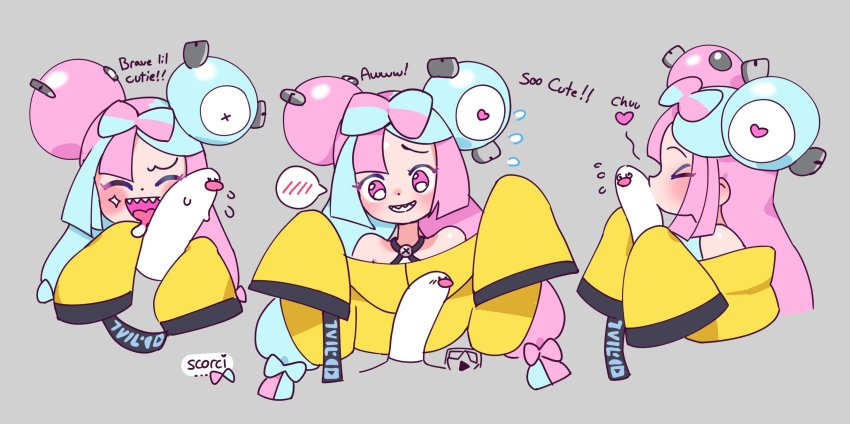 1girl, aqua_hair, character_hair_ornament, english_text, flying_sweatdrops, grey_background, hair_ornament, heart, heart-shaped_pupils, highres, hug, iono_(pokemon), kiss, multicolored_hair, multiple_views, nintendo, oversized_clothes, pink_hair, pokemon, pokemon_(creature), pokemon_scarlet_and_violet, scorsheep, sharp_teeth, signature, smile, spoken_blush, symbol-shaped_pupils, teeth, two-tone_hair, wiglett