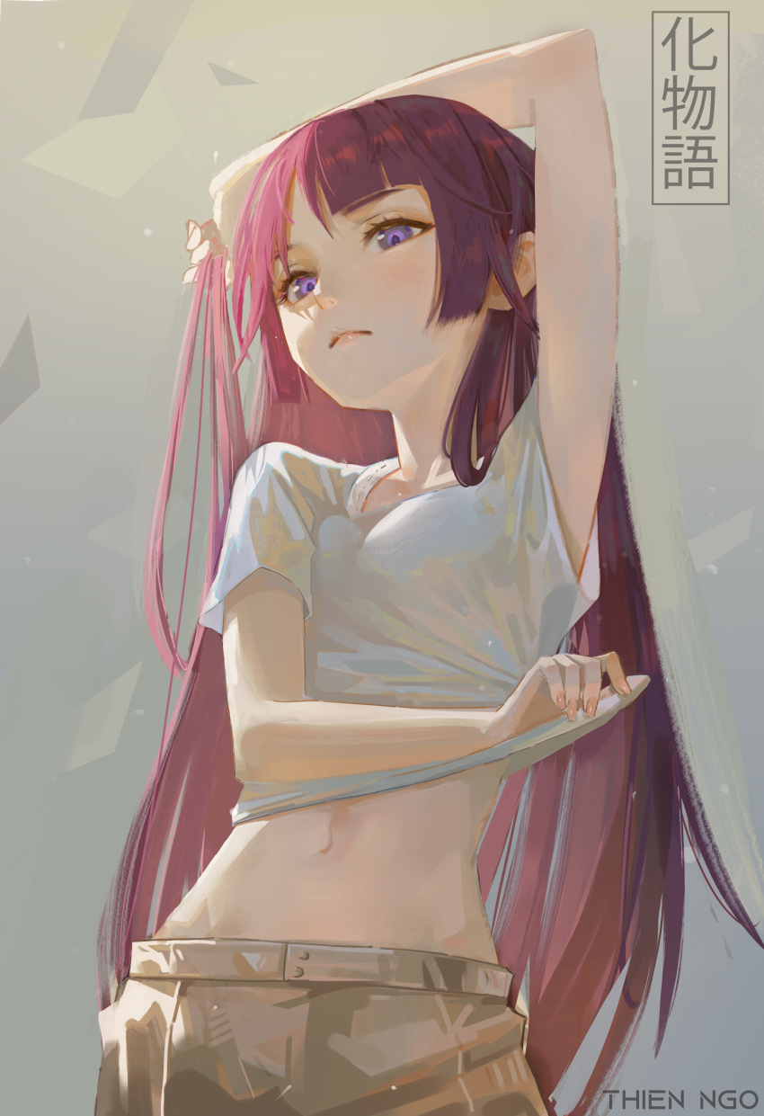 1girl, absurdres, arm_up, artist_name, bakemonogatari, blush, breasts, brown_pants, closed_mouth, clothes_lift, commentary, copyright_name, cowboy_shot, english_commentary, eyelashes, grey_background, highres, holding, holding_own_hair, lifting_own_clothes, lips, long_hair, looking_at_viewer, midriff, monogatari_(series), navel, pants, purple_eyes, purple_hair, senjougahara_hitagi, shirt, shirt_lift, short_sleeves, sidelocks, solo, standing, thien_ngo, white_shirt