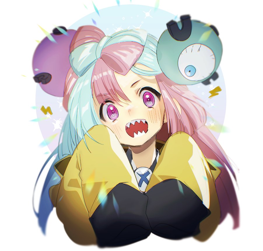 1girl, :d, blurry, blush, commentary_request, green_hair, iono_(pokemon), jacket, long_hair, long_sleeves, looking_at_viewer, narita_imomushi, nintendo, open_mouth, pokemon, pokemon_scarlet_and_violet, purple_eyes, purple_hair, sharp_teeth, sleeves_past_fingers, sleeves_past_wrists, smile, solo, teeth, upper_body, yellow_jacket